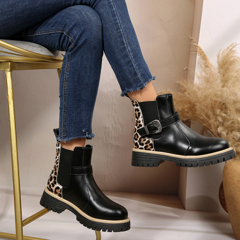 Ghete de gleznă cu imprimeu leopard, PU, vârf rotund, toc gros mediu 3-5 cm, slip-on