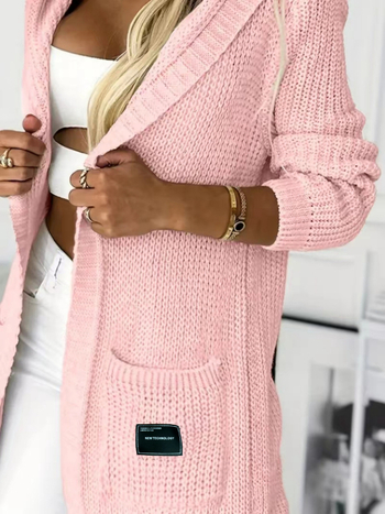 Női kötött kardigán nyitott elejű, hosszú ujjú, poliészter, közepes hosszúságú