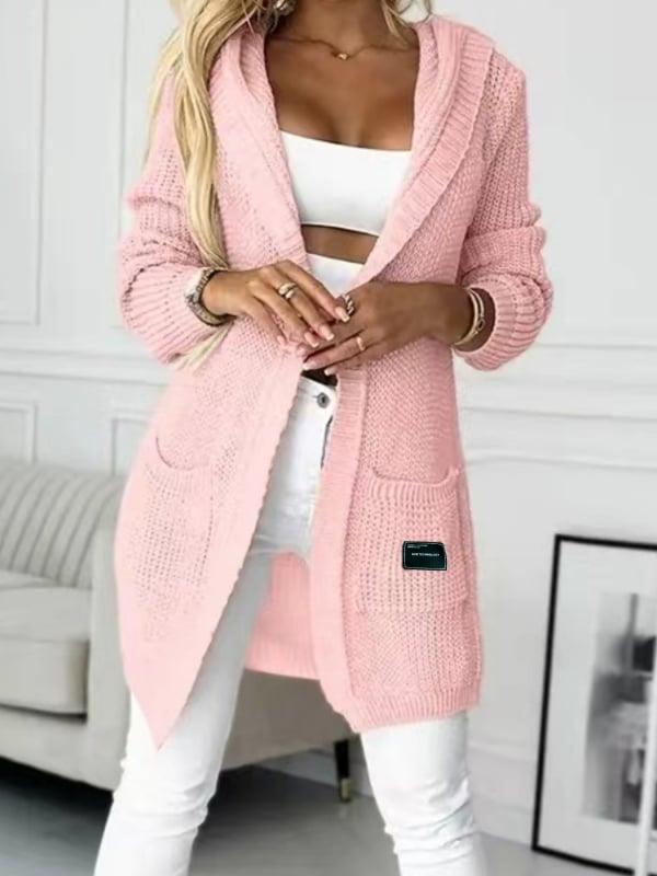 Női kötött kardigán nyitott elejű, hosszú ujjú, poliészter, közepes hosszúságú