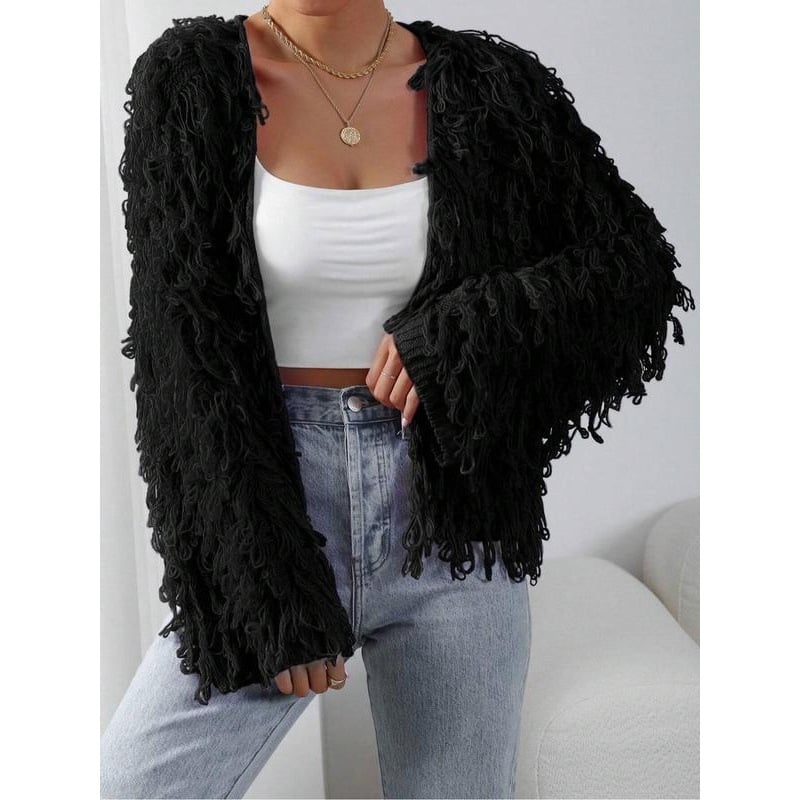Chenille mezgimo moterų kardiganas su kutais, atviras priekis, ilgos rankovės, batwing siluetas
