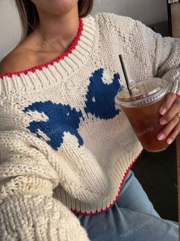 Pulover od pletenine s literarno-retro stilom, slobodan kroj, okrugli izrez, dugi rukavi, poliester-spandeks
