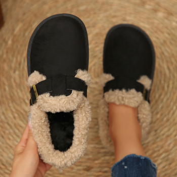 Talvekarusnahaga naiste sussid suletud varbaga — slip-on, paksu tallaga; ülaosa: kunst PU; sisetald: kunstlik lühikarusnahk; põhi: kumm; kanna kõrgus: 3–5 cm