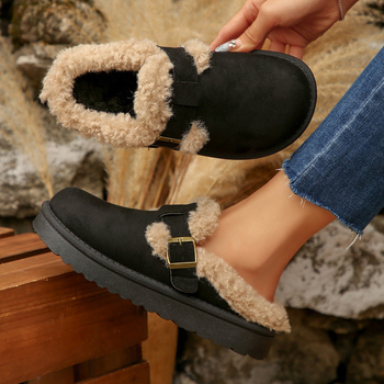 Talvekarusnahaga naiste sussid suletud varbaga — slip-on, paksu tallaga; ülaosa: kunst PU; sisetald: kunstlik lühikarusnahk; põhi: kumm; kanna kõrgus: 3–5 cm