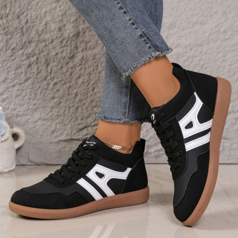 Pantofi sport dama din PU, model color block, căptușeală din piele, talpă din cauciuc, închidere cu șireturi în față