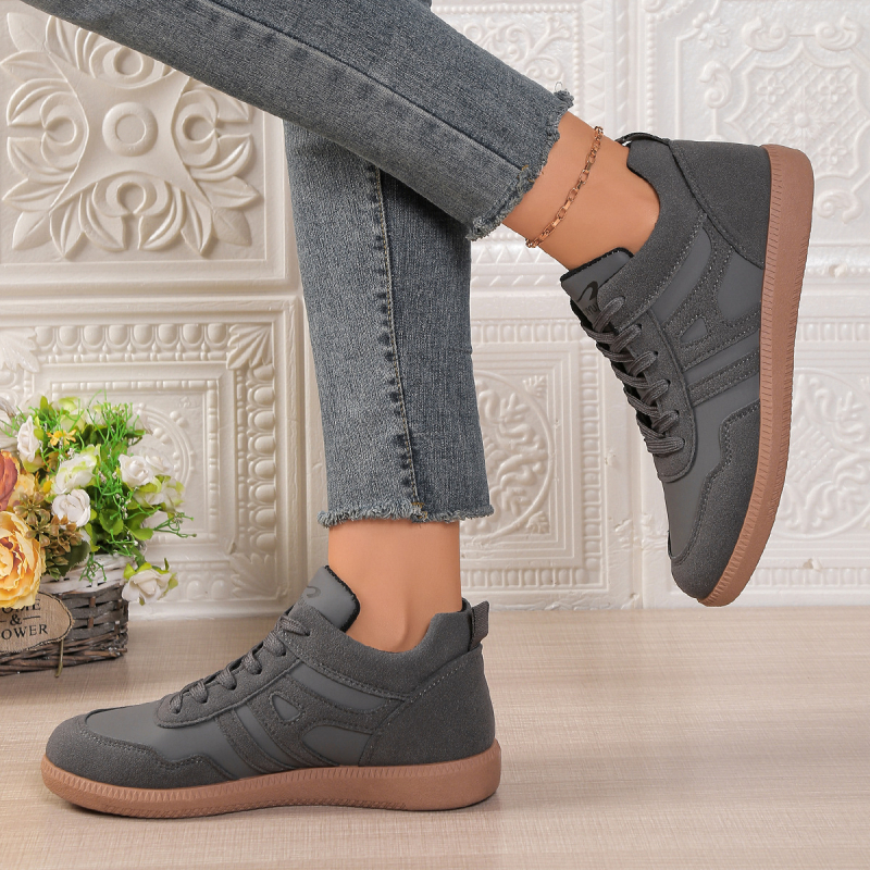 Pantofi sport dama din PU, model color block, căptușeală din piele, talpă din cauciuc, închidere cu șireturi în față