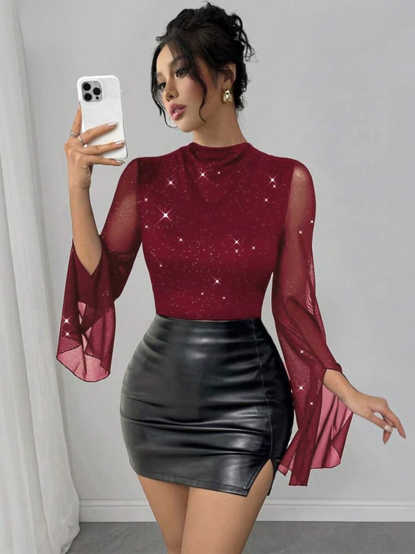 OXM2028 Suknelė su vienu pečiu iš tinklo, 90–95% poliesteris, vienalytė spalva, trumpetiniai rankovės, ruduo 2025