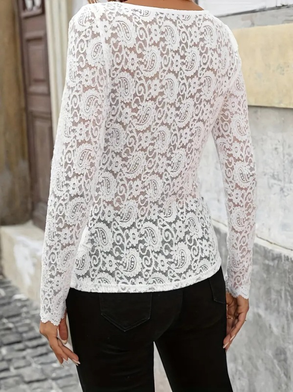 Дамска тениска с квадратна яка, дантелена мрежа и плетена дантела, тънък силует, дълги ръкави