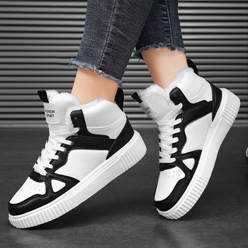 Női téli cipő PU bőr felsőrésszel, pamut bélés, gumitalp, mindennapi használatra, alacsony sarok 1–3 cm