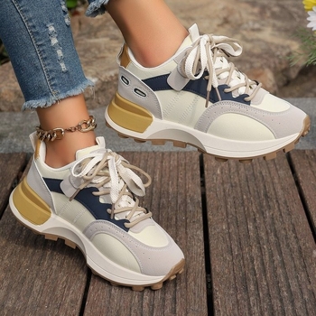Moteriški chunky sneakeriai su PU+mesh viršumi, color-block dizainas, gumos padas, raišteliai, aukšio didinimas 3–5 cm