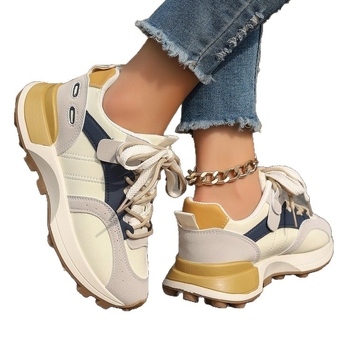 Moteriški chunky sneakeriai su PU+mesh viršumi, color-block dizainas, gumos padas, raišteliai, aukšio didinimas 3–5 cm