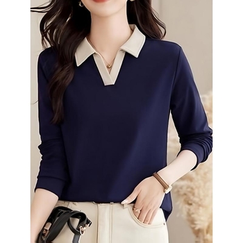 Tricou polo, stil coreean, mâneci lungi, croială lejeră, dungi, broderie