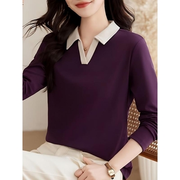 Tricou polo, stil coreean, mâneci lungi, croială lejeră, dungi, broderie