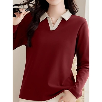 Tricou polo, stil coreean, mâneci lungi, croială lejeră, dungi, broderie