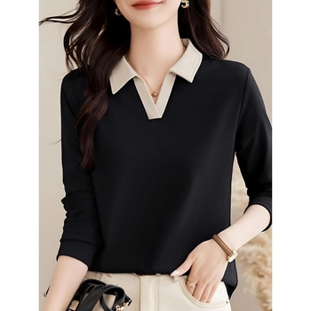 Tricou polo, stil coreean, mâneci lungi, croială lejeră, dungi, broderie