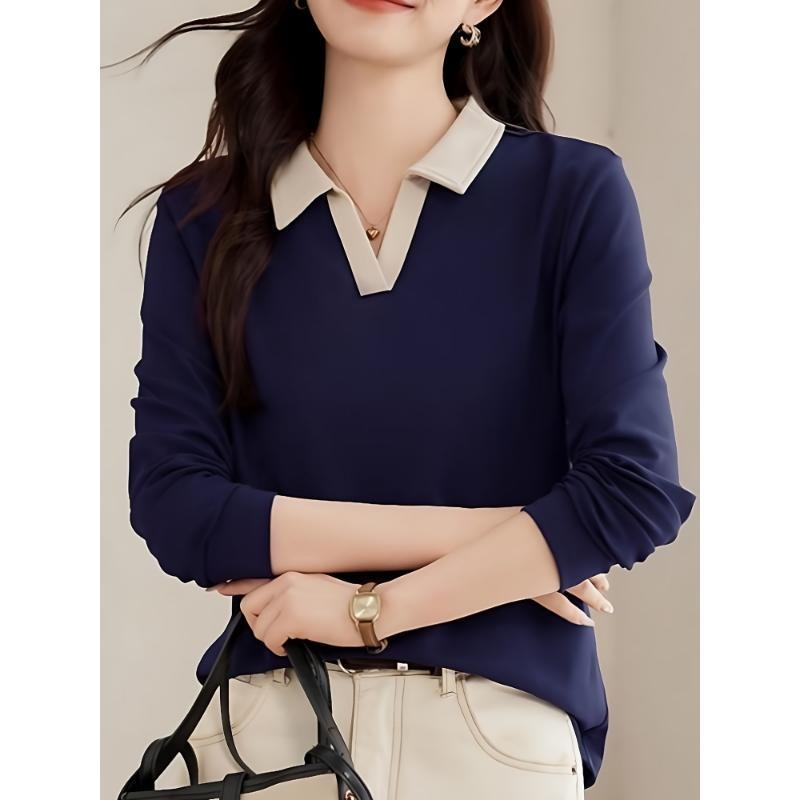 Tricou polo, stil coreean, mâneci lungi, croială lejeră, dungi, broderie