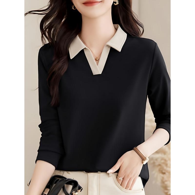 Tricou polo, stil coreean, mâneci lungi, croială lejeră, dungi, broderie