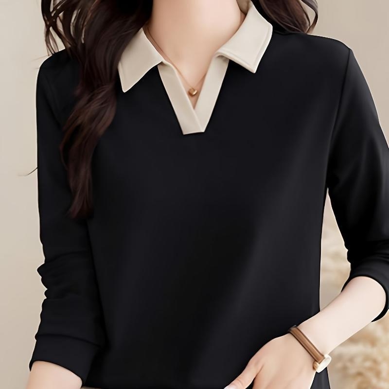 Tricou polo, stil coreean, mâneci lungi, croială lejeră, dungi, broderie