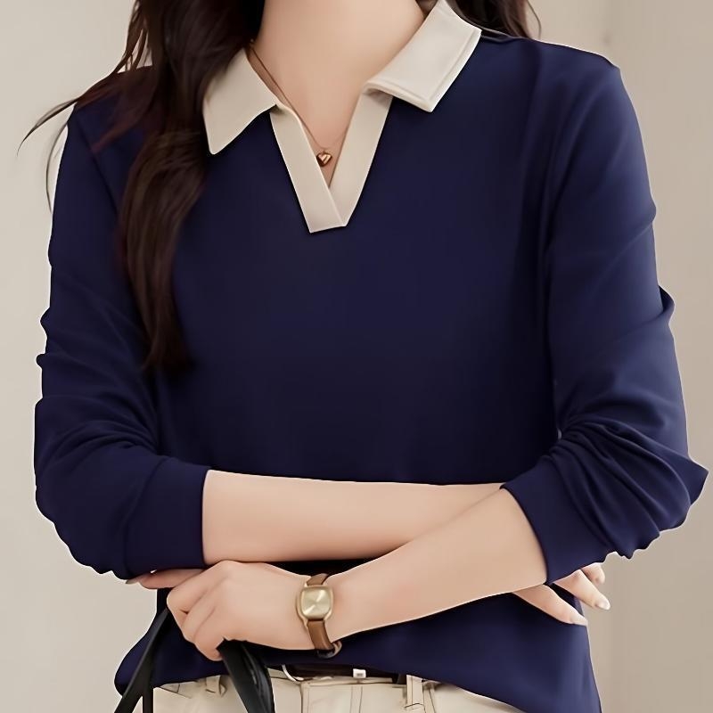 Tricou polo, stil coreean, mâneci lungi, croială lejeră, dungi, broderie