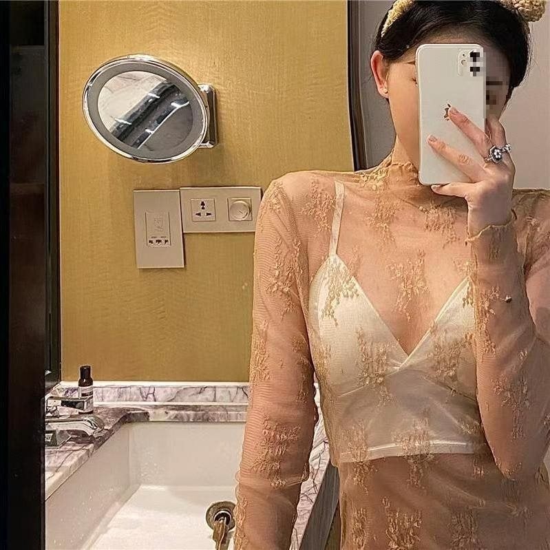 Dantelinis pagrindinis topas su pusaukštos apykaklės, princesės rankovės, trumpomis rankovėmis, poliesterio-elastano mišinio audinys