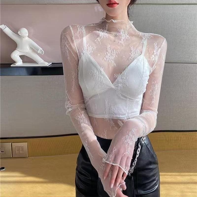 Dantelinis pagrindinis topas su pusaukštos apykaklės, princesės rankovės, trumpomis rankovėmis, poliesterio-elastano mišinio audinys