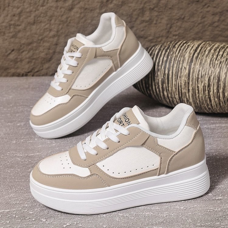 Moterų kasdieniai bėgimo bateliai su aukštinančiu efektu, storas padas, PU odos viršus, raišteliai, žemas profilio dizainas