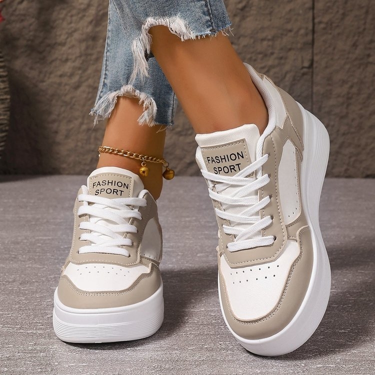 Moterų kasdieniai bėgimo bateliai su aukštinančiu efektu, storas padas, PU odos viršus, raišteliai, žemas profilio dizainas