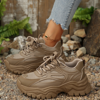 Moteriški kasdieniai dad sneakers batai su PU+ tinklo viršumi, kvėpuojantys, 3–5 cm aukštis, raišteliai, gumos padas injekciniu formavimu