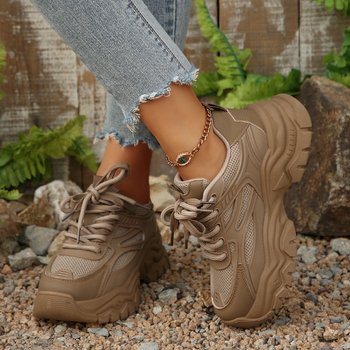 Moteriški kasdieniai dad sneakers batai su PU+ tinklo viršumi, kvėpuojantys, 3–5 cm aukštis, raišteliai, gumos padas injekciniu formavimu