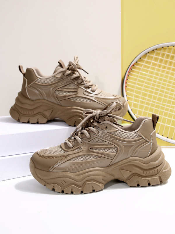 Moteriški kasdieniai dad sneakers batai su PU+ tinklo viršumi, kvėpuojantys, 3–5 cm aukštis, raišteliai, gumos padas injekciniu formavimu