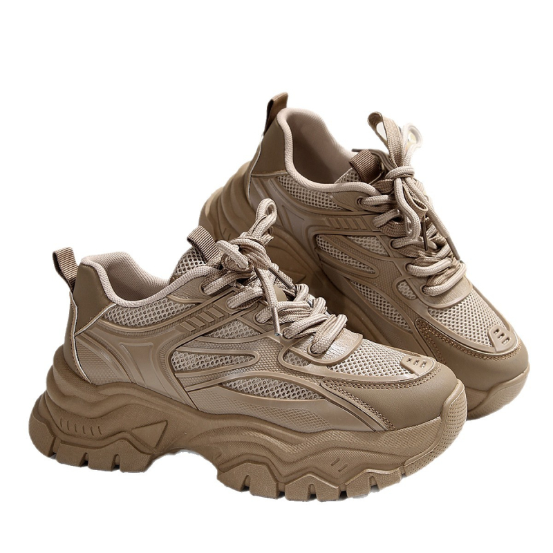 Moteriški kasdieniai dad sneakers batai su PU+ tinklo viršumi, kvėpuojantys, 3–5 cm aukštis, raišteliai, gumos padas injekciniu formavimu