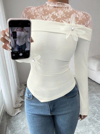 Vieno peties topas su nėrinių patchworku, ilgomis rankovėmis, siauras kirpimas (Poliesteris, vieno tono spalva, vieno peties iškirptė, ilgos rankovės, pavasaris 2025)