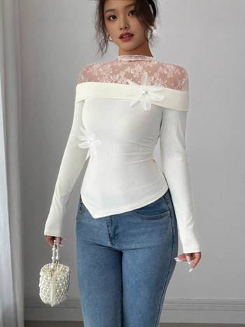 Vieno peties topas su nėrinių patchworku, ilgomis rankovėmis, siauras kirpimas (Poliesteris, vieno tono spalva, vieno peties iškirptė, ilgos rankovės, pavasaris 2025)