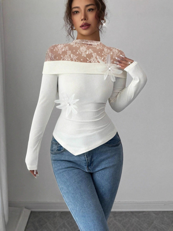 Vieno peties topas su nėrinių patchworku, ilgomis rankovėmis, siauras kirpimas (Poliesteris, vieno tono spalva, vieno peties iškirptė, ilgos rankovės, pavasaris 2025)