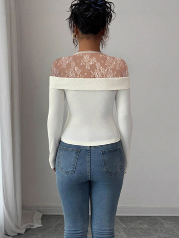 Vieno peties topas su nėrinių patchworku, ilgomis rankovėmis, siauras kirpimas (Poliesteris, vieno tono spalva, vieno peties iškirptė, ilgos rankovės, pavasaris 2025)