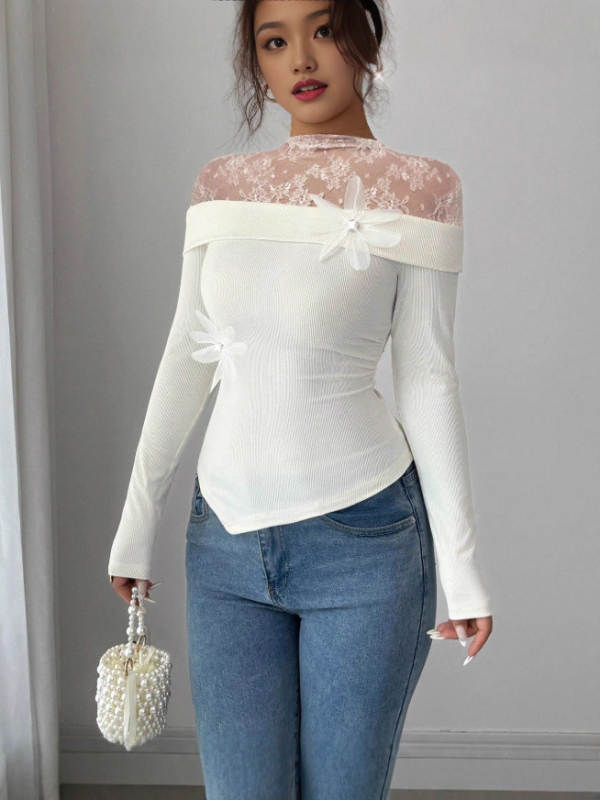 Vieno peties topas su nėrinių patchworku, ilgomis rankovėmis, siauras kirpimas (Poliesteris, vieno tono spalva, vieno peties iškirptė, ilgos rankovės, pavasaris 2025)