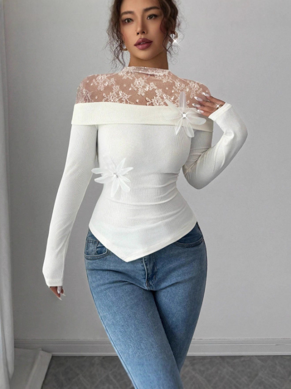 Vieno peties topas su nėrinių patchworku, ilgomis rankovėmis, siauras kirpimas (Poliesteris, vieno tono spalva, vieno peties iškirptė, ilgos rankovės, pavasaris 2025)