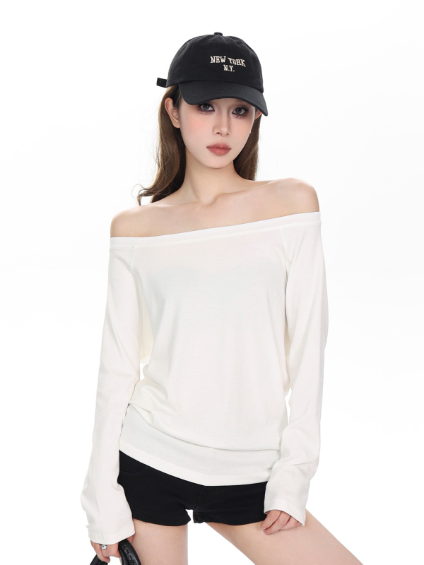 Topas su vienu pečiu, siauras kirpimas, ilgomis rankovėmis, siuvinėjimas, vienspalvis