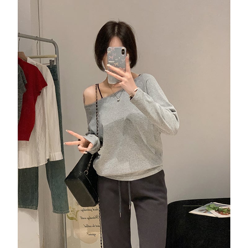 Topas su vienu pečiu, siauras kirpimas, ilgomis rankovėmis, siuvinėjimas, vienspalvis