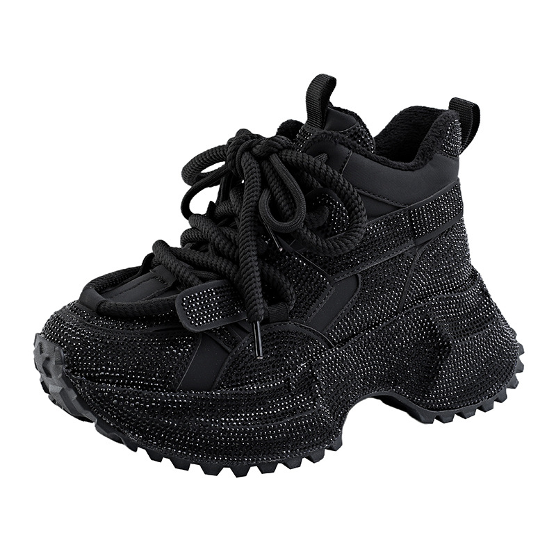 Moteriški chunky dad shoes su kvėpuojančia tinklo vidine, viršutinė medžiaga – audinys, 6–8 cm kulnas, aukštas kulkšnies aukštis, raišteliai
