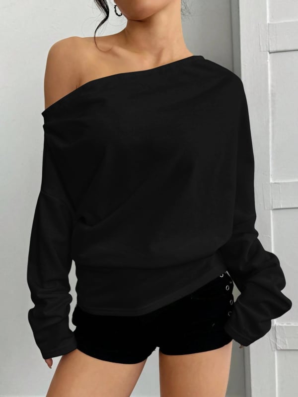 Moteriški ilgomis rankovėmis megztiniai marškinėliai su asimetrine apykakle, be pečių, vienalytė spalva, laisvas kirpimas, poliesteris ir spandeksas