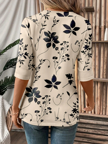 Moterys T marškiniai su gėlių raštu, kvadratinė apykaklė, klastojantis dviejų dalių įvaizdis, siauras pjūvis, poliesteris — ruduo 2025