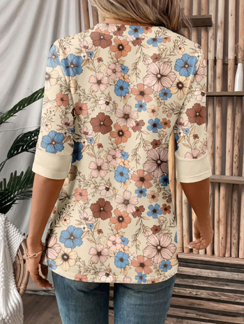 Moterys T marškiniai su gėlių raštu, kvadratinė apykaklė, klastojantis dviejų dalių įvaizdis, siauras pjūvis, poliesteris — ruduo 2025