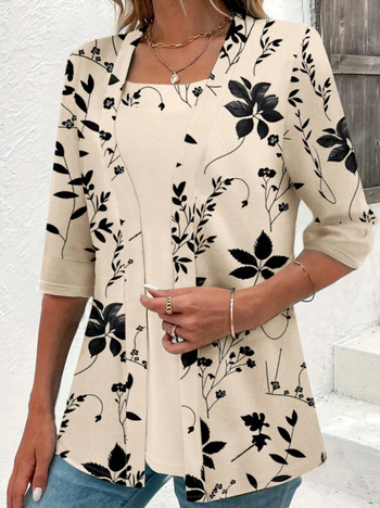 Moterys T marškiniai su gėlių raštu, kvadratinė apykaklė, klastojantis dviejų dalių įvaizdis, siauras pjūvis, poliesteris — ruduo 2025
