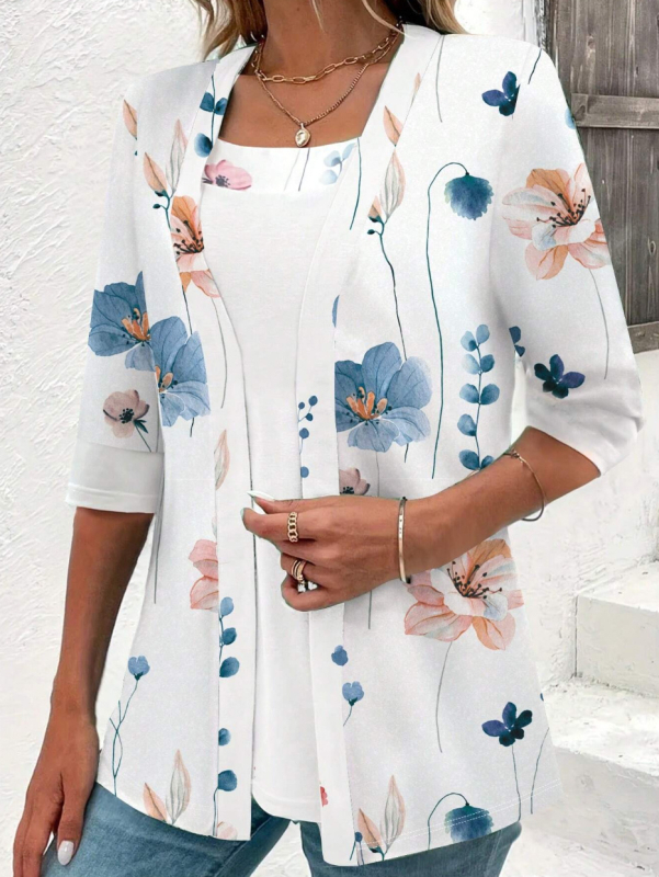 Moterys T marškiniai su gėlių raštu, kvadratinė apykaklė, klastojantis dviejų dalių įvaizdis, siauras pjūvis, poliesteris — ruduo 2025