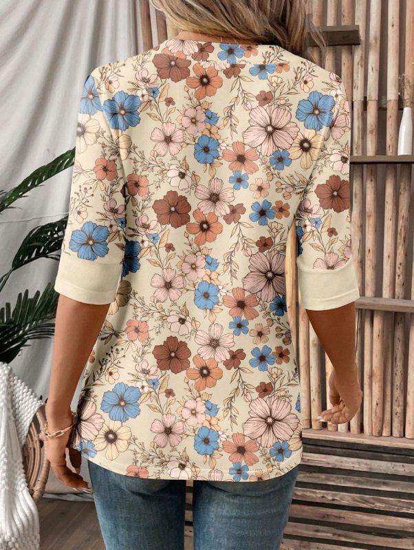 Moterys T marškiniai su gėlių raštu, kvadratinė apykaklė, klastojantis dviejų dalių įvaizdis, siauras pjūvis, poliesteris — ruduo 2025