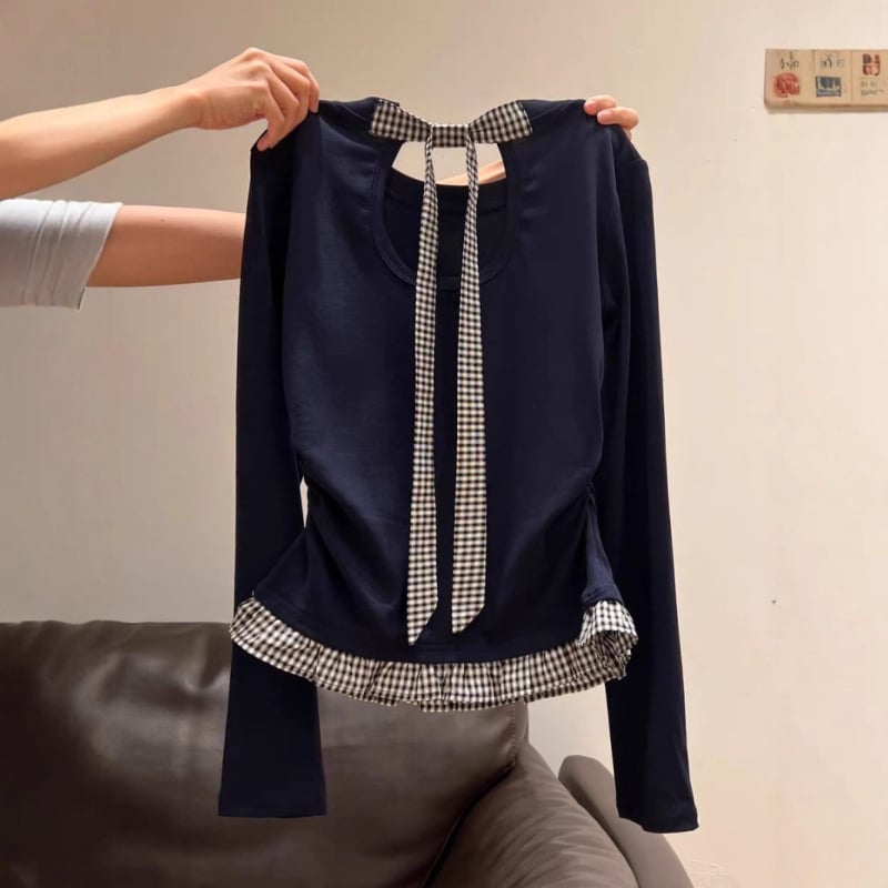 Poliesterio marškinėliai su drugelių mazgu ir patchworku, ilgomis rankovėmis, apvalus kaklas, siauras kirpimas, ruduo 2025