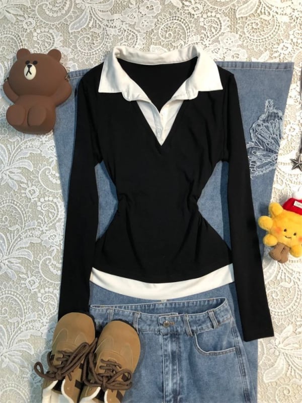 Medvilniniai marškinėliai su blokų raštu, polo apykaklė, ilgomis rankovėmis, įprastas kirpimas, ruduo 2025