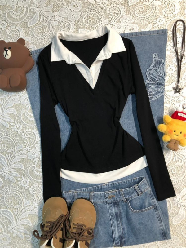 Medvilniniai marškinėliai su blokų raštu, polo apykaklė, ilgomis rankovėmis, įprastas kirpimas, ruduo 2025