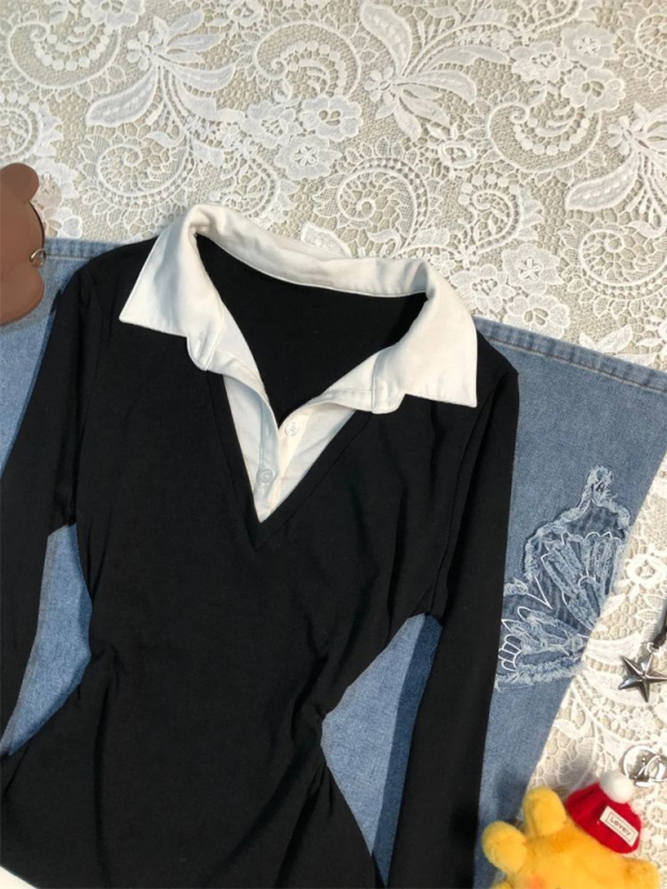 Medvilniniai marškinėliai su blokų raštu, polo apykaklė, ilgomis rankovėmis, įprastas kirpimas, ruduo 2025