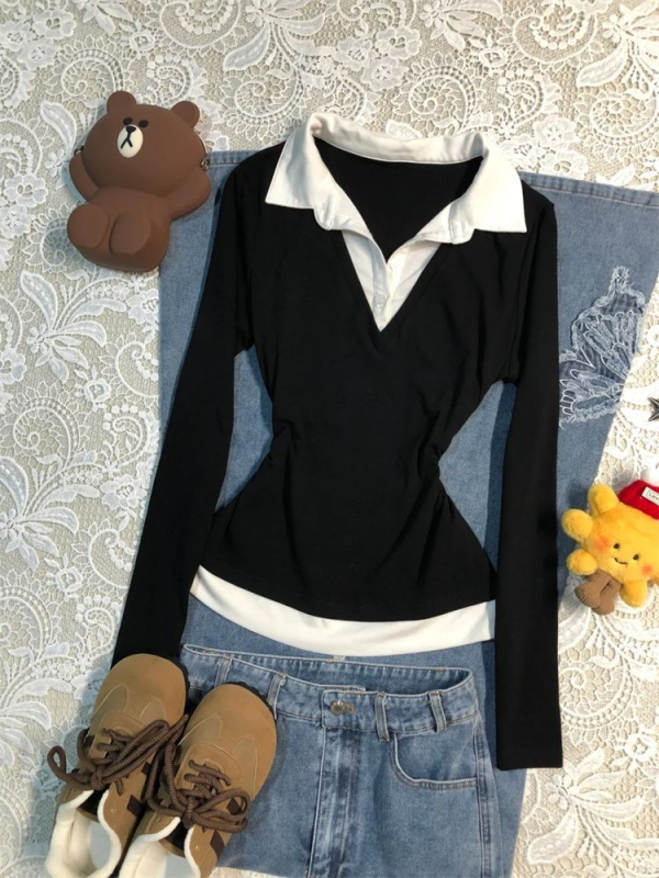 Medvilniniai marškinėliai su blokų raštu, polo apykaklė, ilgomis rankovėmis, įprastas kirpimas, ruduo 2025